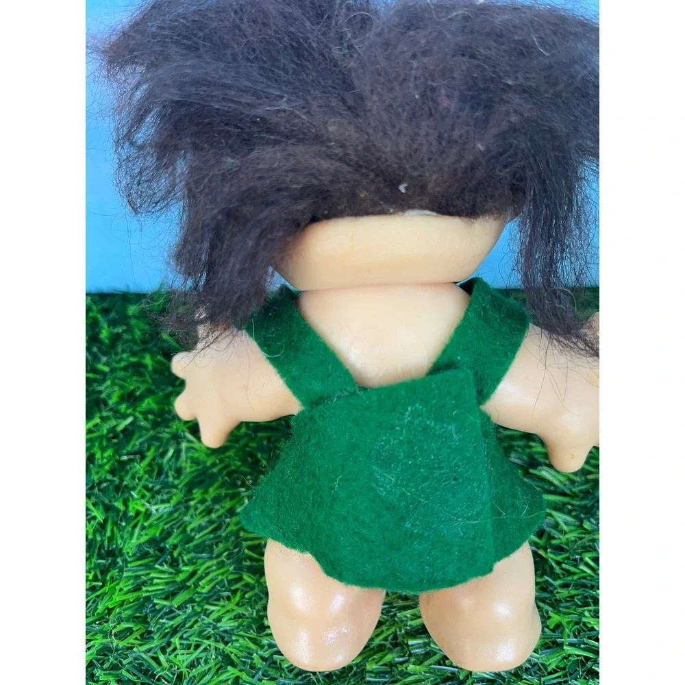 Vintage Thomas Dam Troll Doll Dark Brown Hair Green Felt Dress 3 Inch Figure